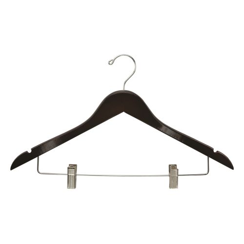 Women's Hanger, Flat Open Hook with Clips, Walnut with Chrome Hook & Clips